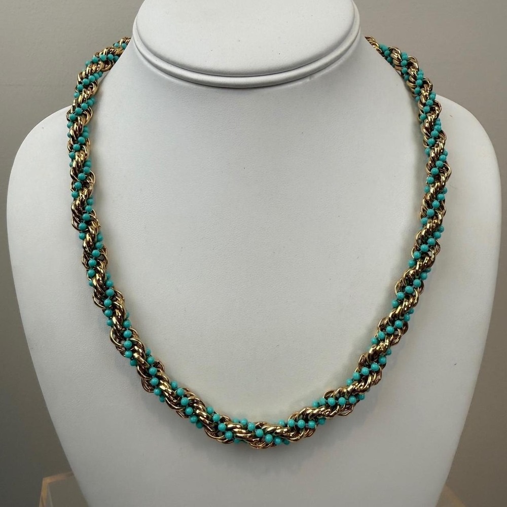 Avon Gold Tone‎ Necklace Turquoise Bead Twisted Rope Statement Retro Design